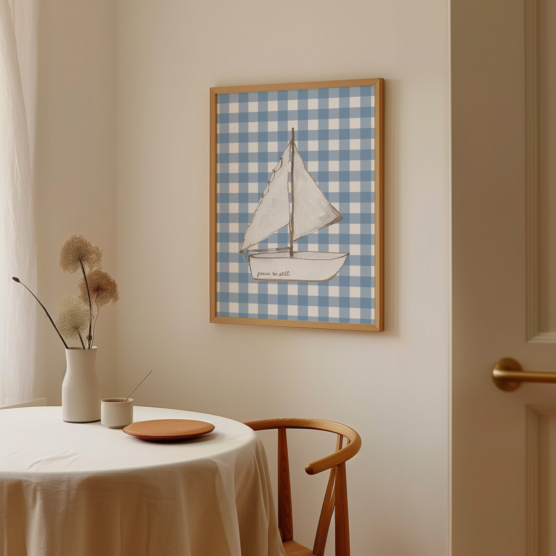 Peace Be Still Sailboat on Blue Gingham Christian Watercolor Poster - Image 3