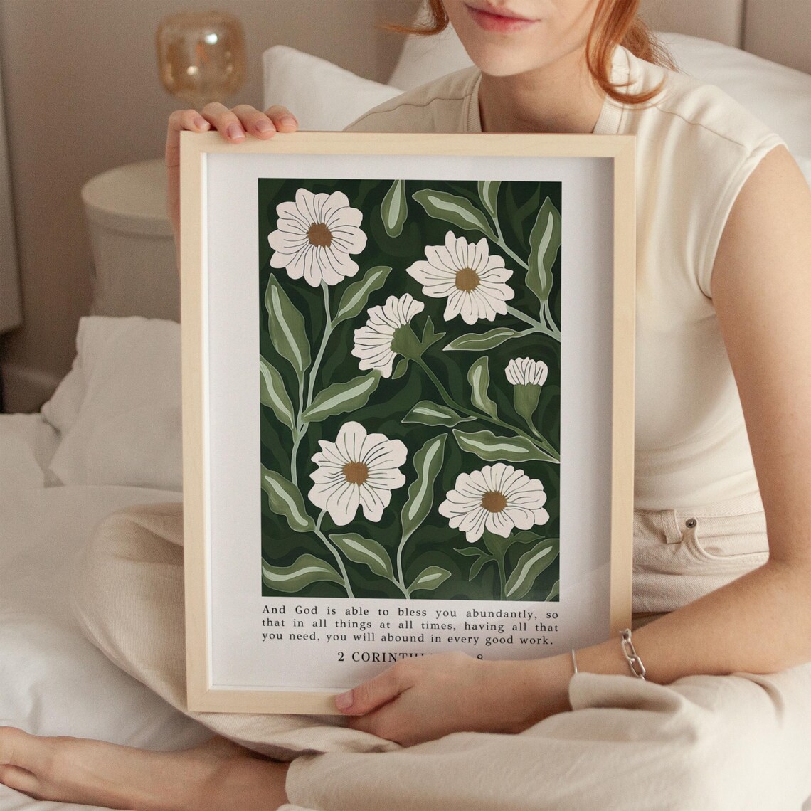 2 Corinthians 9 8 White Daisy Floral Dark Green Botanical Bible Verse Poster - Image 3