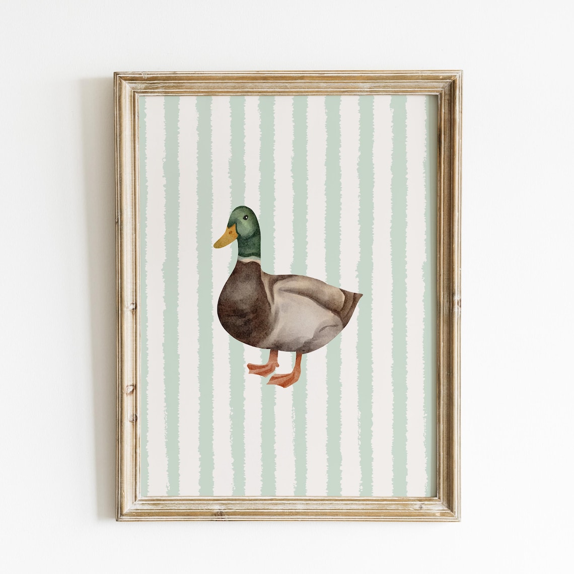 Watercolor Mallard Duck Sage Green Striped Farmhouse Nursery Poster