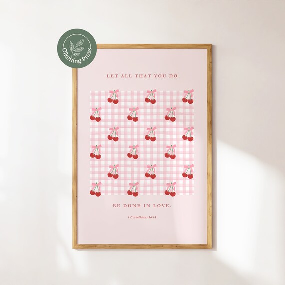 1 Corinthians 1614 Coquette Aesthetic Wall Art Christian Wall Art Cute Trendy Poster Girly Art Cherries Pattern Valentines Print