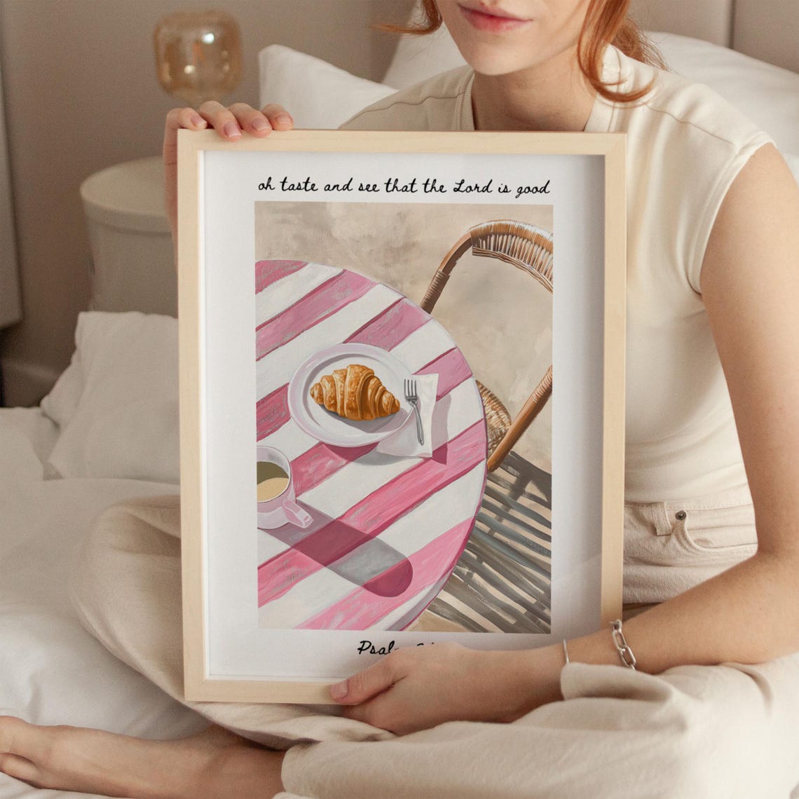 Psalm 34 8 Oh Taste And See Croissant Coffee Pink Cafe Scene Poster - Image 4