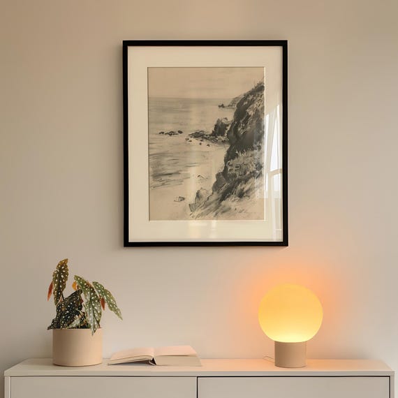 Moody Coastal Sketch Print Vintage Black White Ocean Art Rocky Shore Drawing Dark Academia