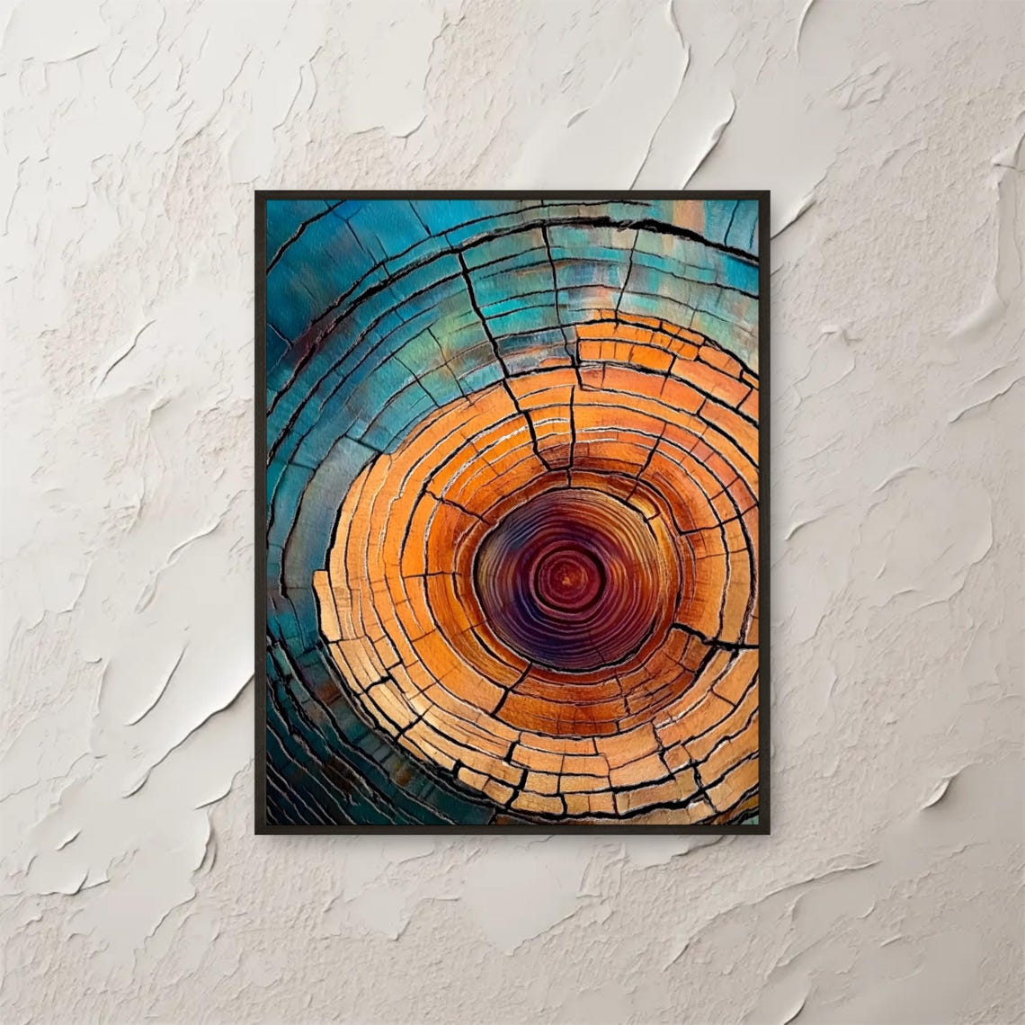 Abstract Tree Ring Cross Section in Teal and Orange Wall Art