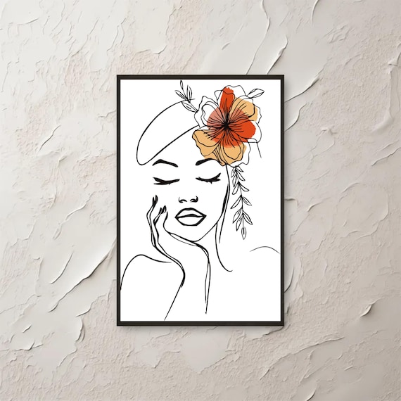 Boho Woman Line Art Minimalist Floral Botanical Face Drawing Wall Art