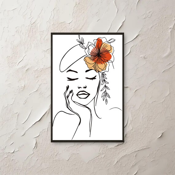 Boho Woman Line Art Wall Minimalist Floral Botanical Face Drawing Abstract Modern Poster Instant