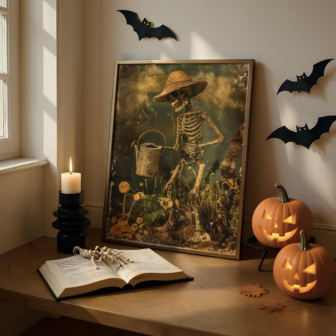 Skeleton Gardener Watering Can Straw Hat Halloween Art Poster