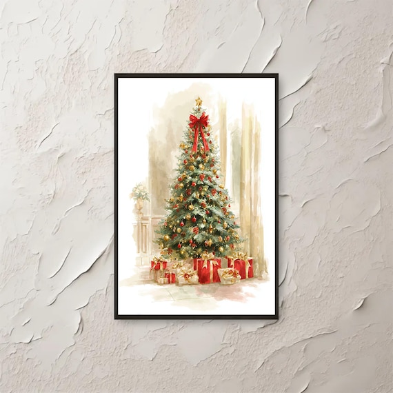 Vintage Christmas Tree Red Gold Ornaments Watercolor Wall Art