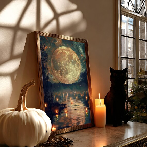 Mystical Full Moon Over Candlelit Lake Wall Art Dreamy Night Sky Photography Print Celestial Fantasy Landscape Decor Halloween