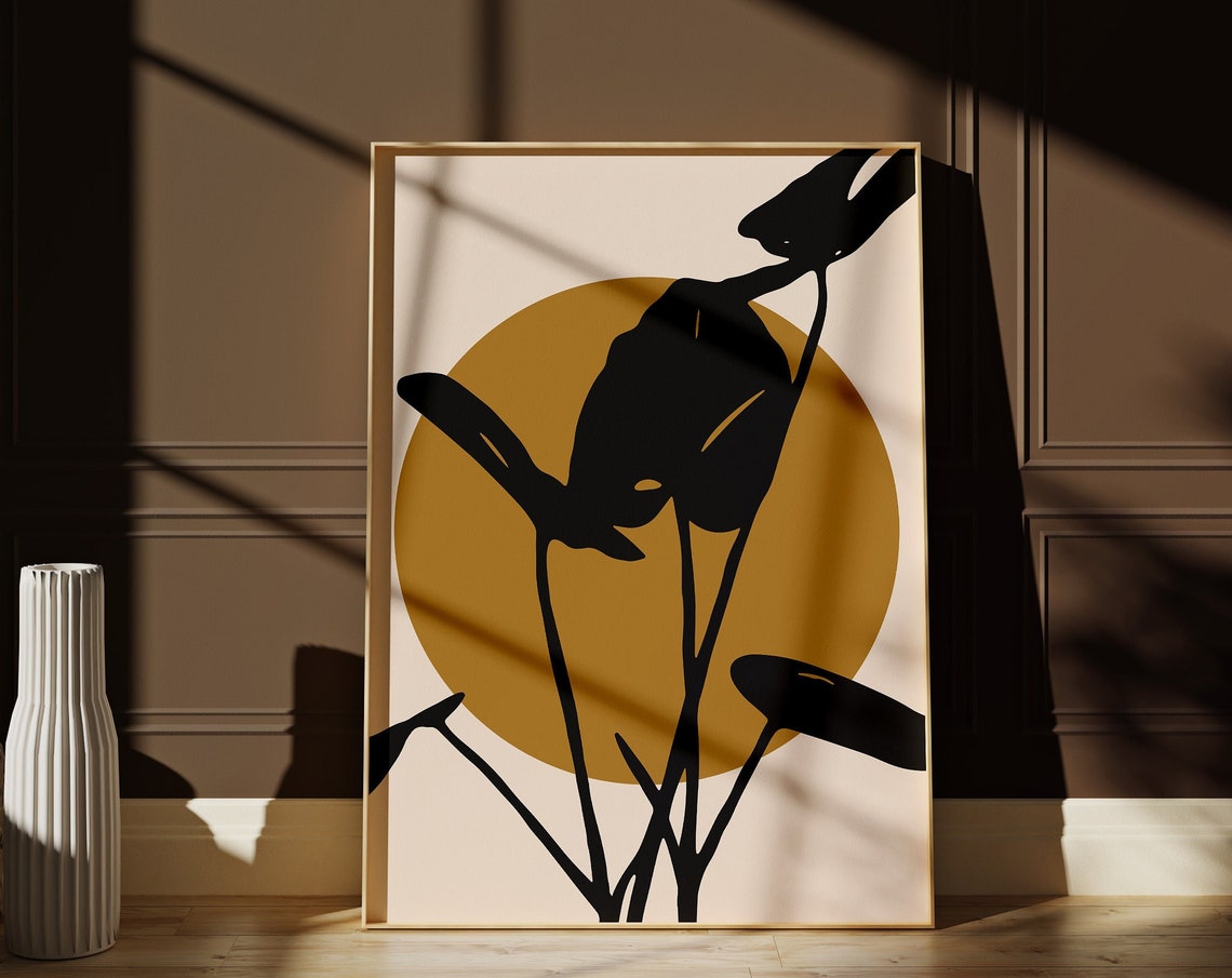 Black Leaf Silhouettes Gold Sun Circle Japandi Botanical Art Print