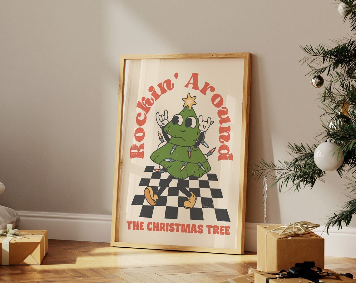 Rockin Around The Christmas Tree Retro Cartoon Character Holiday Poster