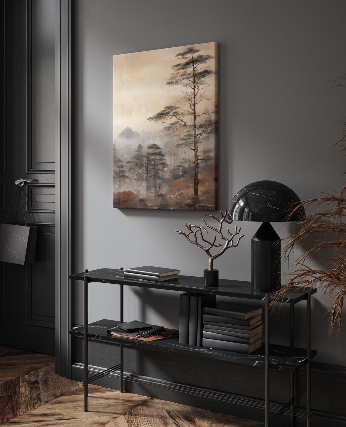 Misty Pine Forest with Mountain Japanese Ink Wash Painting Art Print - Image 2