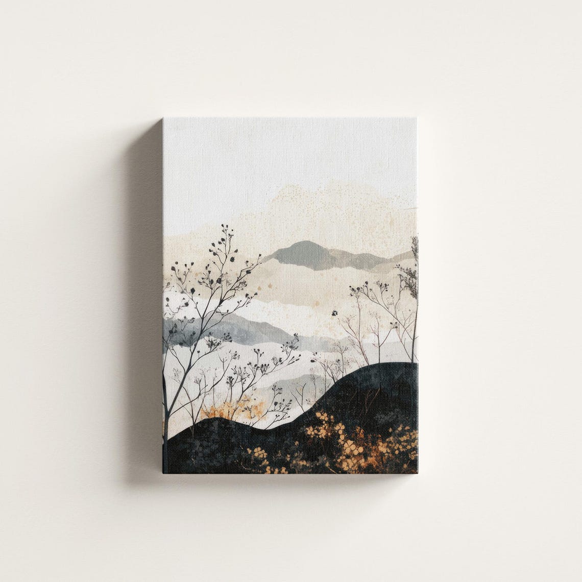 Misty Mountain Silhouettes with Golden Wildflowers Square Art Print