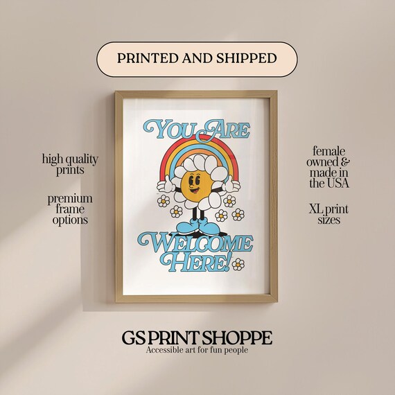 You Are Welcome Here Daisy Rainbow Happy Cartoon Quote Wall Art