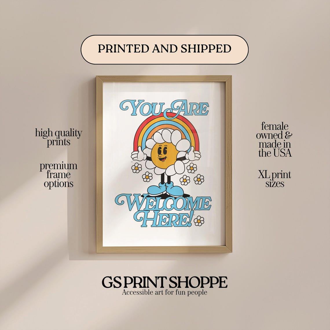 You Are Welcome Here Daisy Rainbow Happy Cartoon Quote Wall Art
