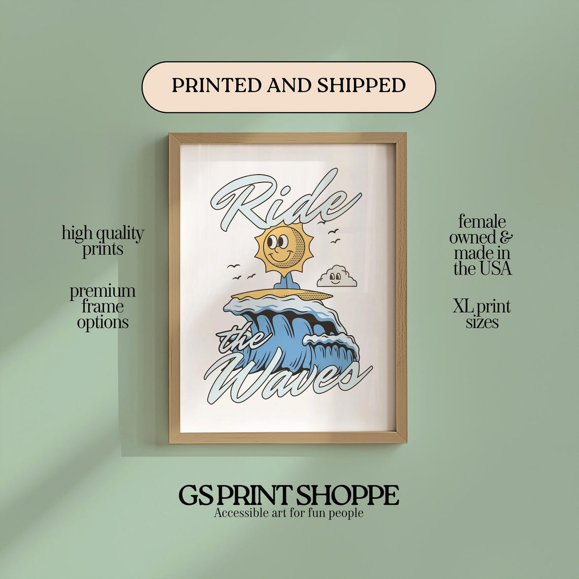 Ride The Waves Smiling Sun Surfboard Ocean Retro Beach Wall Art