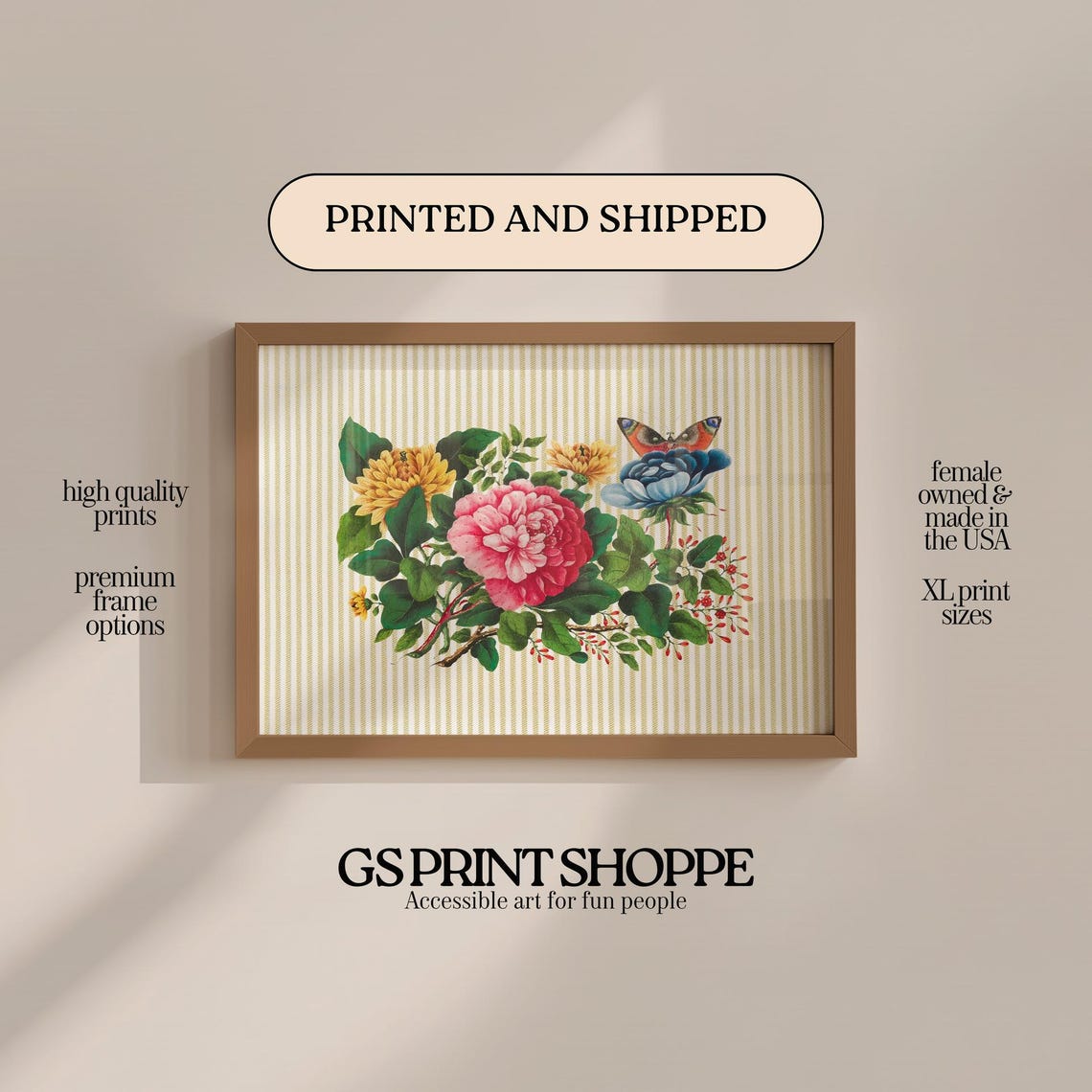Pink Peony Botanical Bloom Vintage Floral Butterfly Art Poster