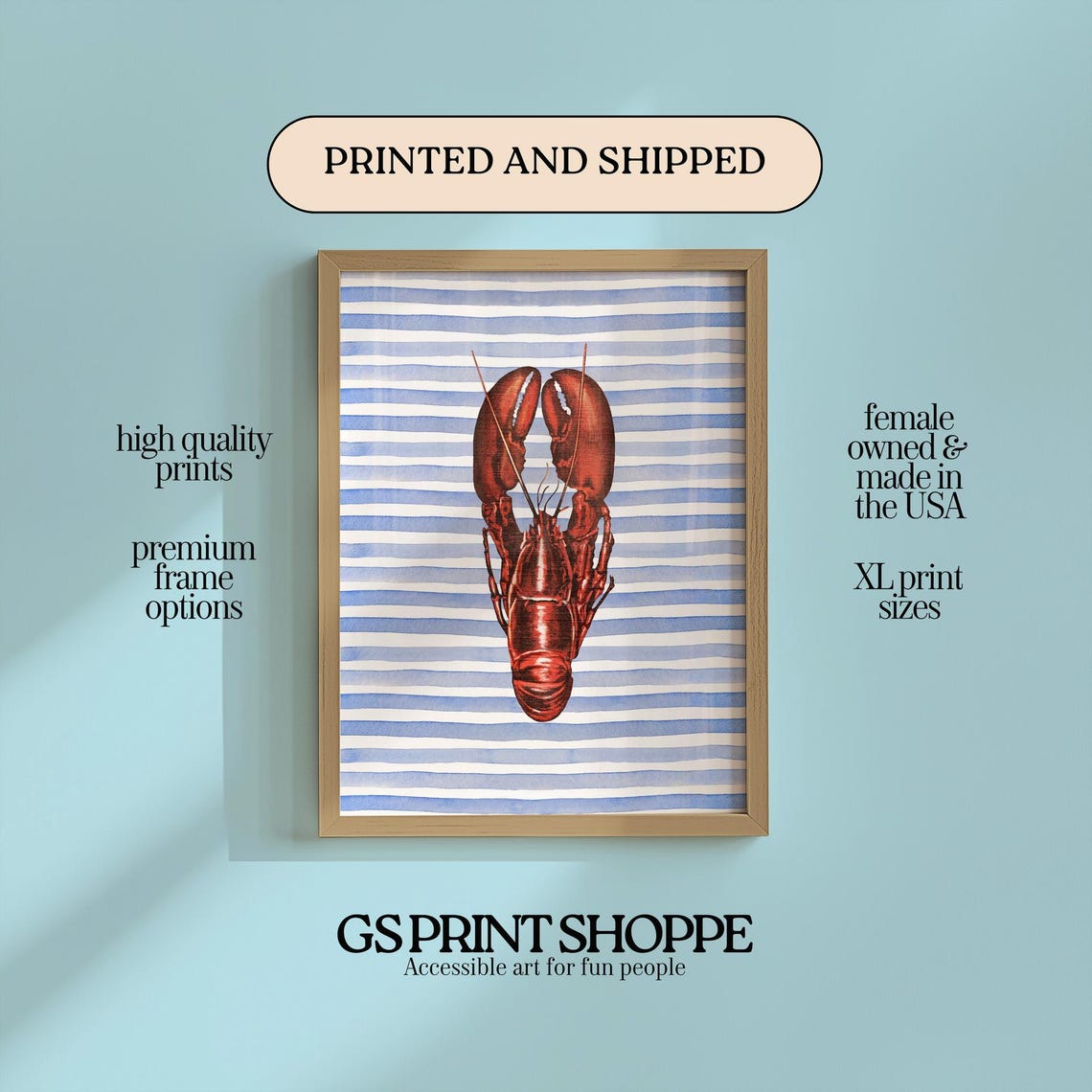Red Lobster Blue Striped Background Coastal Kitchen Art Poster