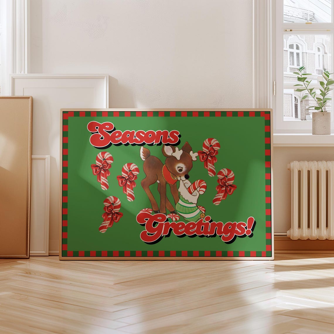Seasons Greetings Retro Reindeer Candy Cane Vintage Christmas Poster