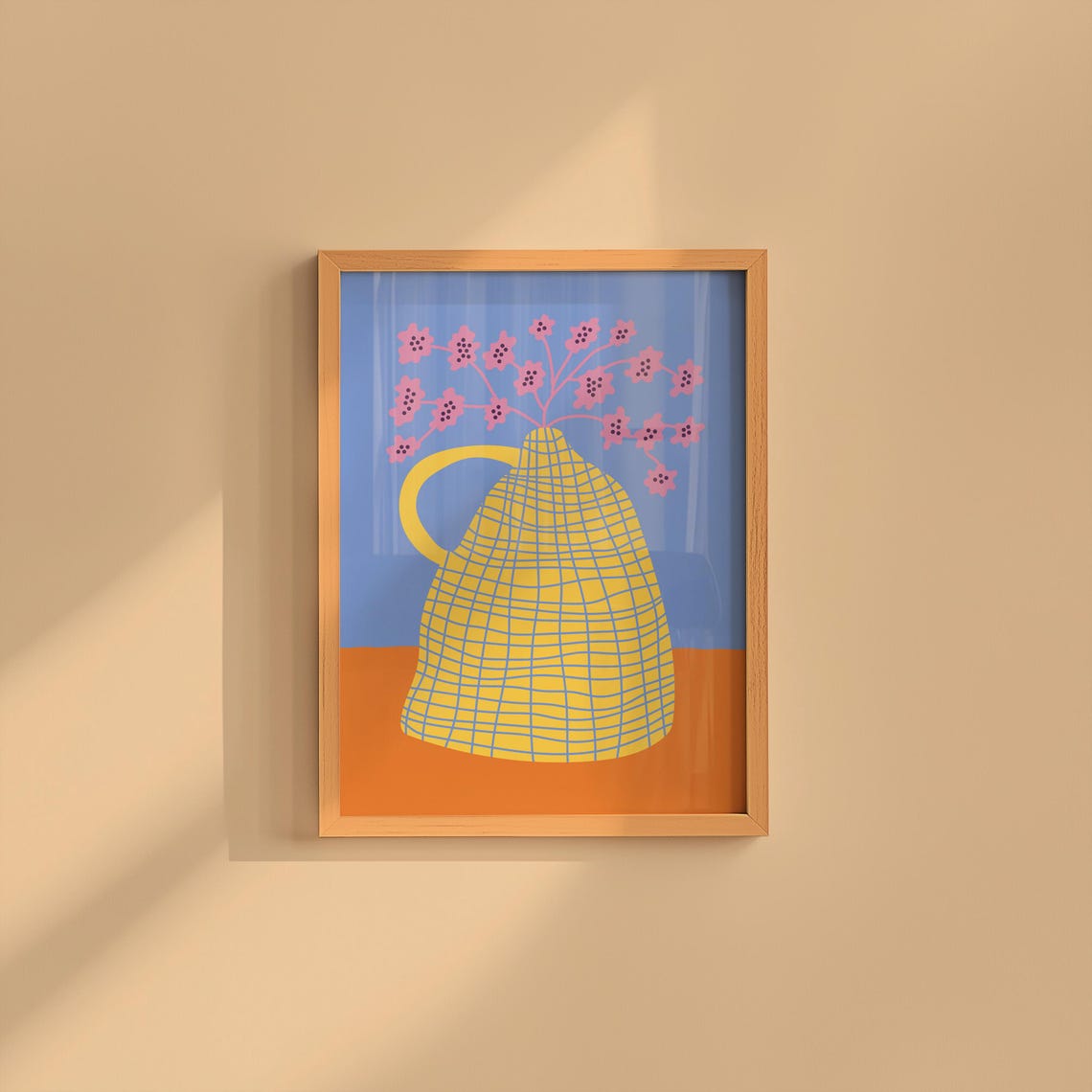 Yellow Checkered Pitcher with Pink Flowers Bold Abstract Art Poster