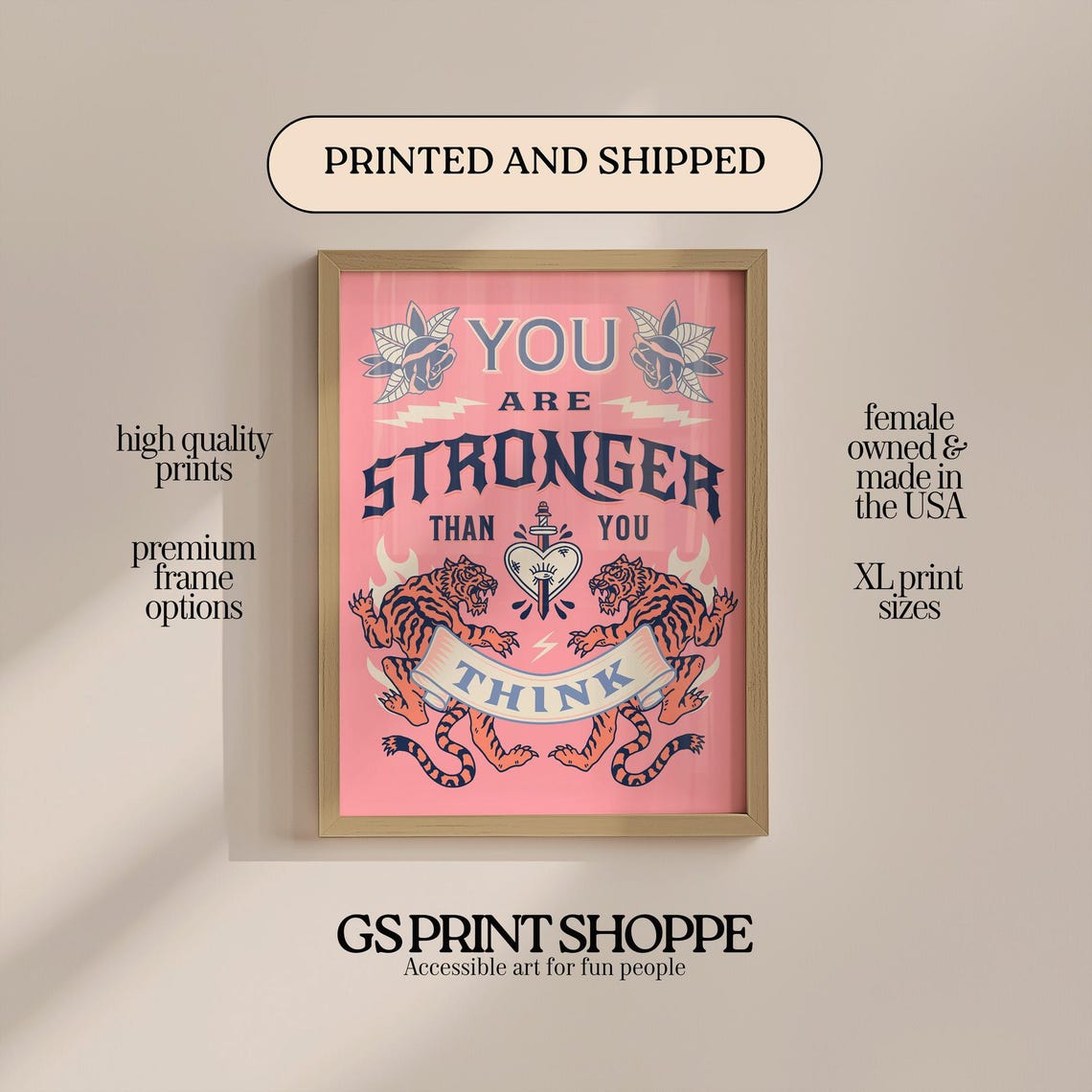 You Are Stronger Than You Think Pink Tattoo Style Quote Poster