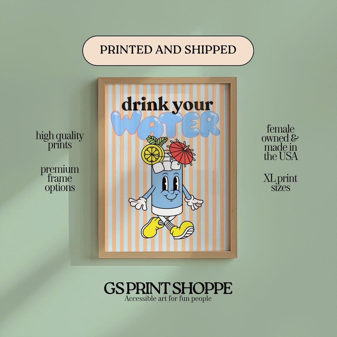 Drink Your Water Poster Cute Retro Water Glass Mascot Kitchen Art