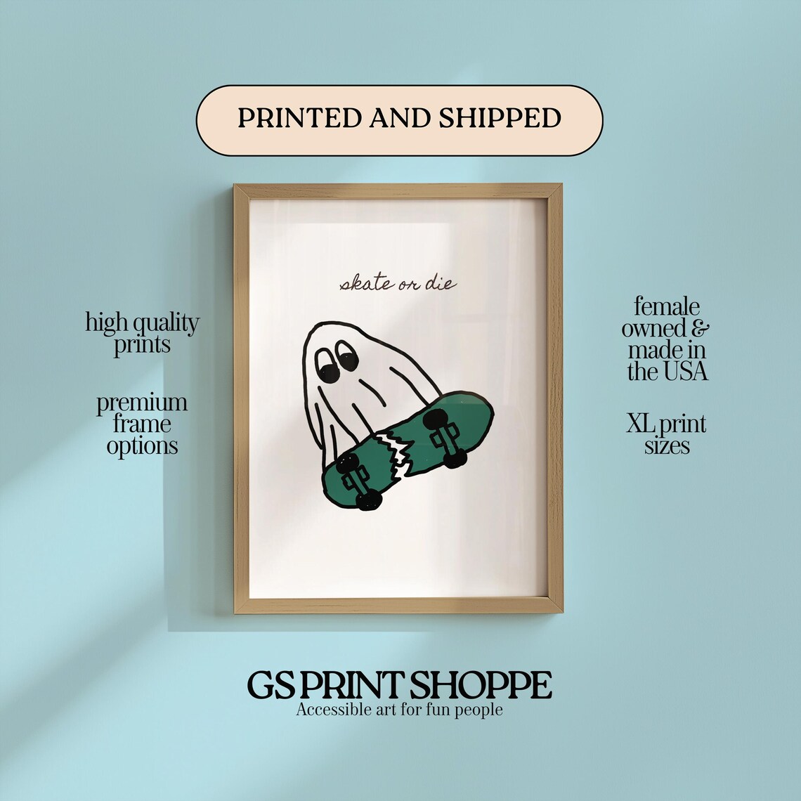 Skate or Die Cute Ghost Riding Skateboard Poster in Minimal Doodle Style