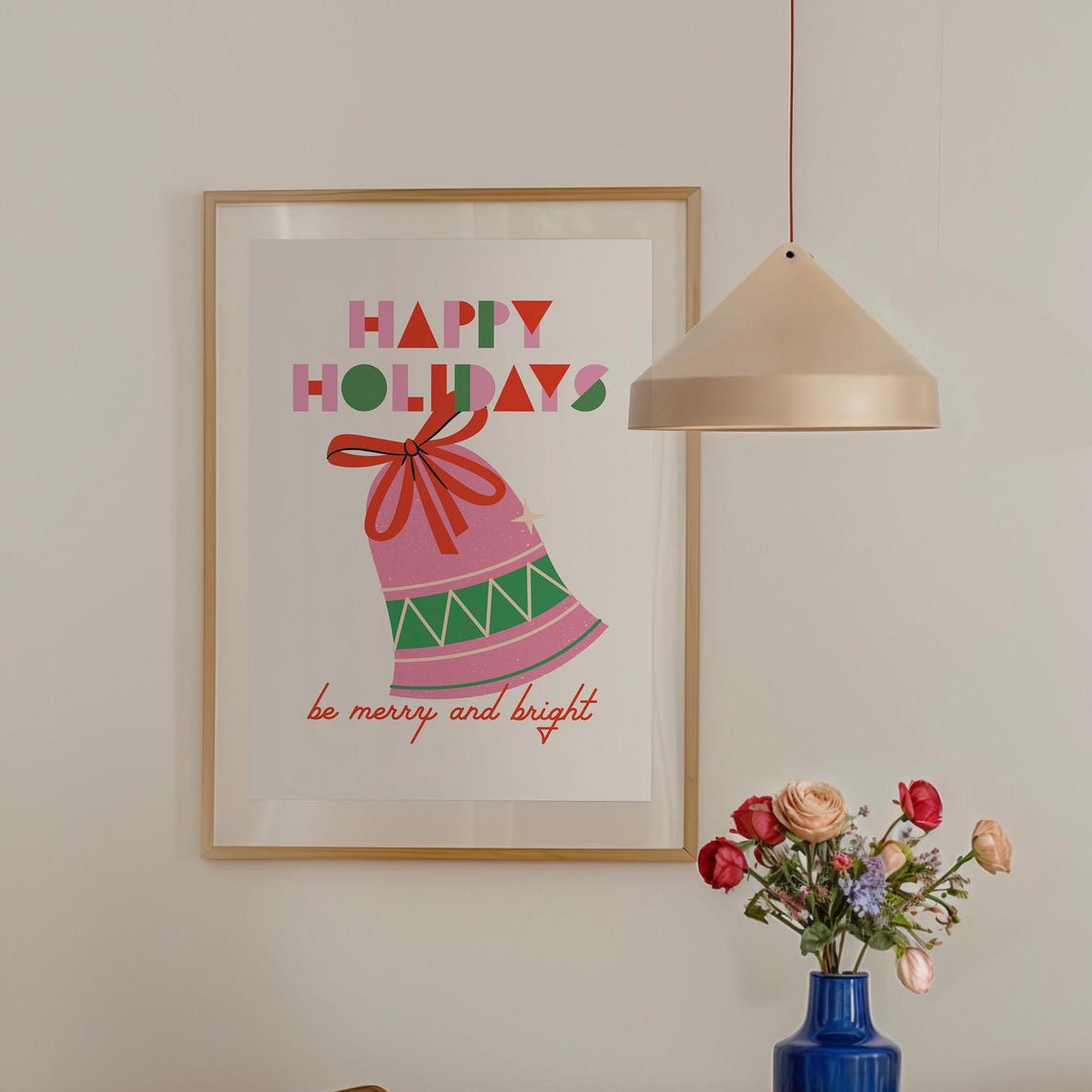 Happy Holidays Pink Bell Be Merry And Bright Retro Christmas Poster