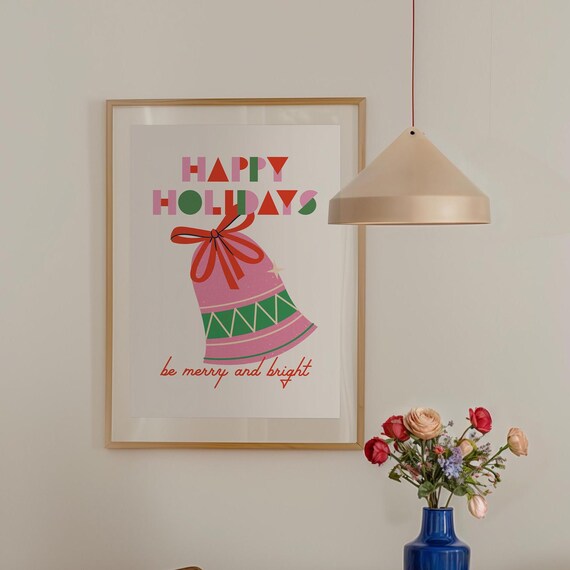 Happy Holidays Pink Bell Be Merry And Bright Retro Christmas Poster