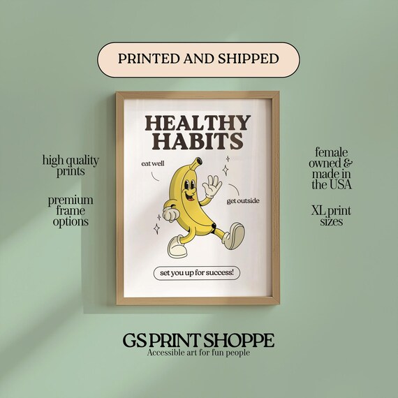 Healthy Habits Dancing Banana Motivational Kitchen Quote Poster