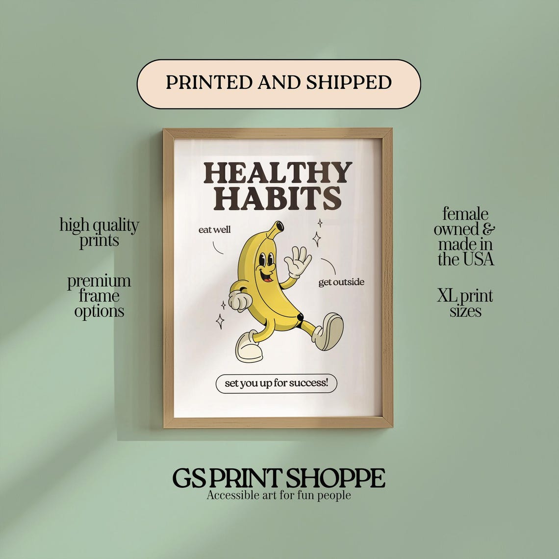 Healthy Habits Dancing Banana Motivational Kitchen Quote Poster