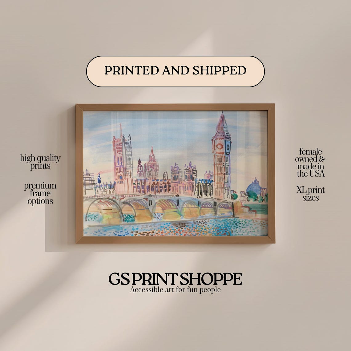 London Big Ben Parliament Watercolor View Across the Thames Poster