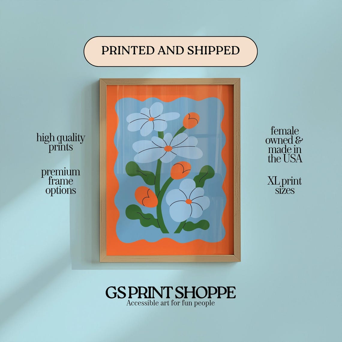 Abstract Blue Daisy Flowers Bold Orange Border Modern Art Poster