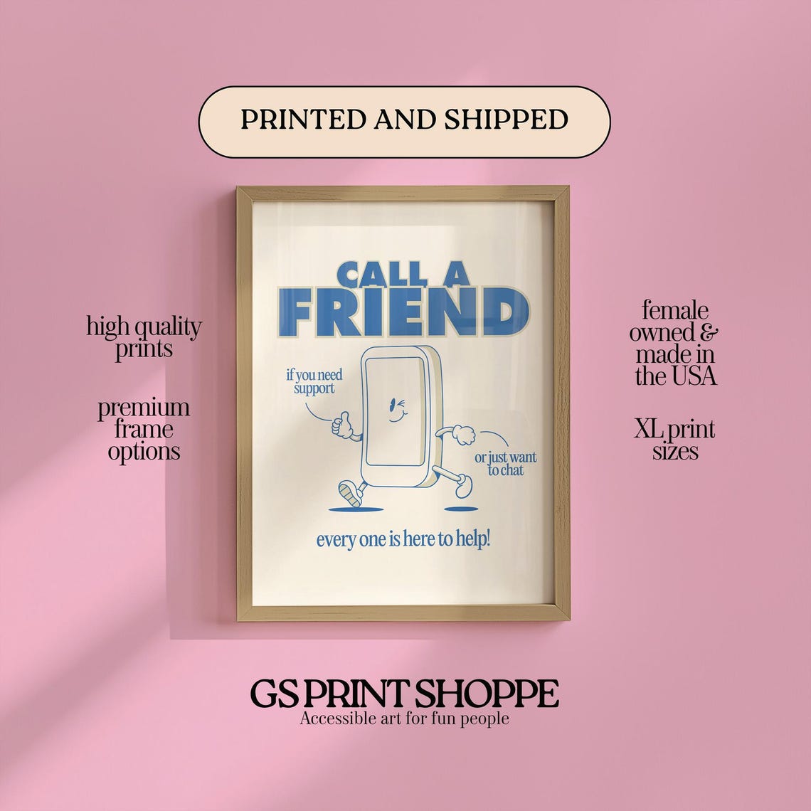 Call A Friend Phone Mascot Kindness Support Quote Poster Art