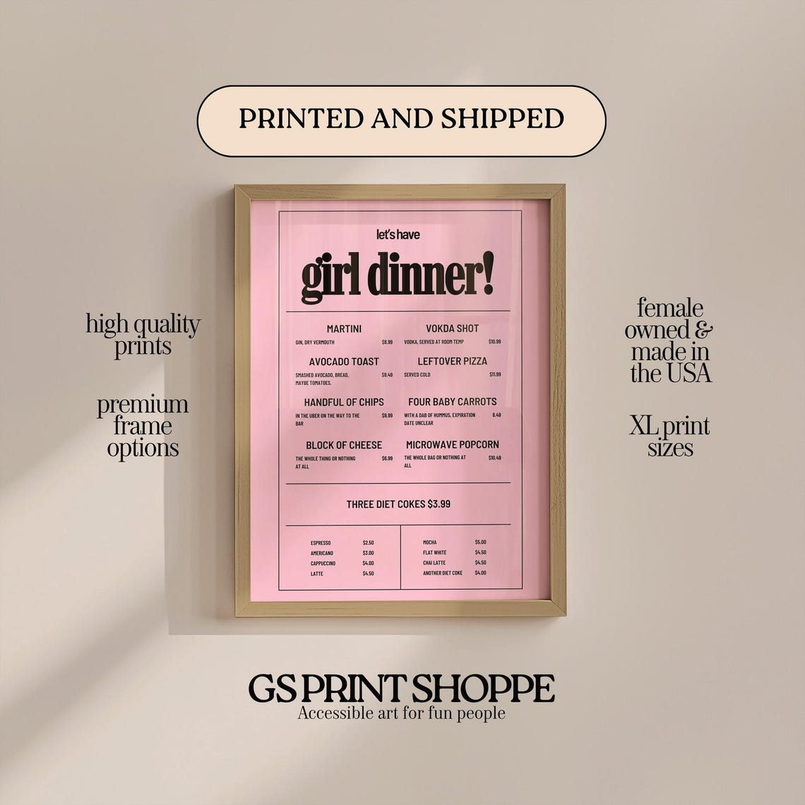 Pink Girl Dinner Menu Funny Food Quote Wall Poster for Kitchen