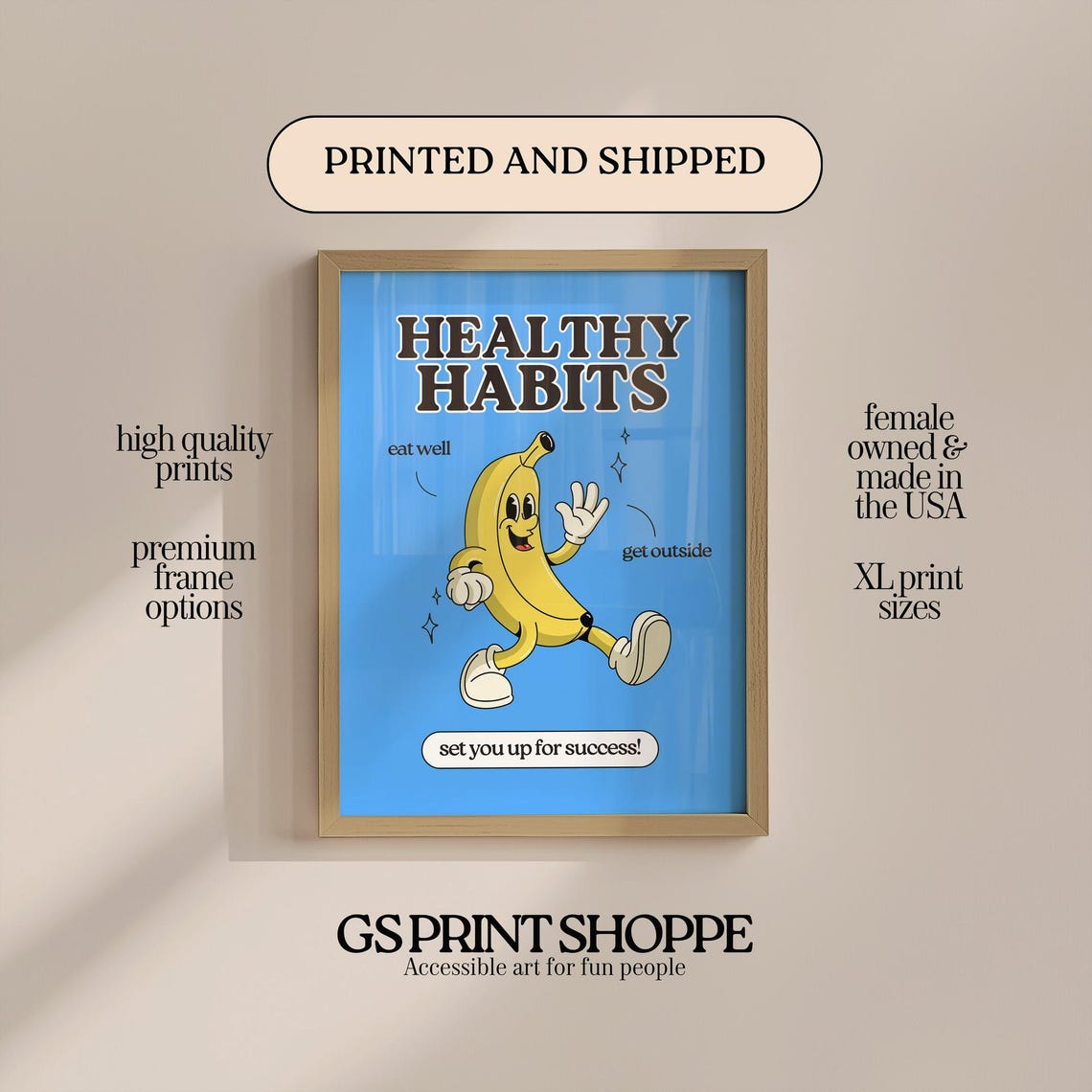 Healthy Habits Banana Retro Eat Well Get Outside Motivational Poster