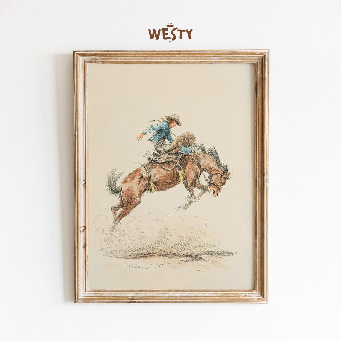 Vintage Bronco Riding Cowboy Rodeo Sketch Western Art Poster