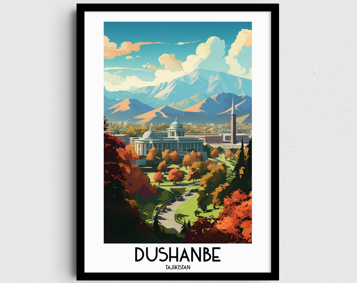 Dushanbe Tajikistan Autumn Park Domed Hall Mountain View Travel Poster