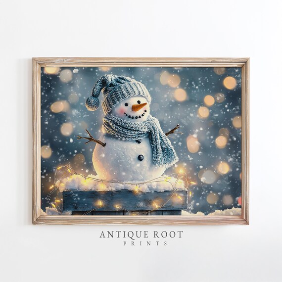 Cute Snowman Knit Hat Scarf String Lights Snowy Night Holiday Art Poster