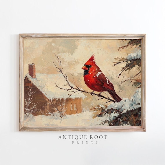 Red Cardinal On Snowy Branch With Cottage Winter Bird Painting Print