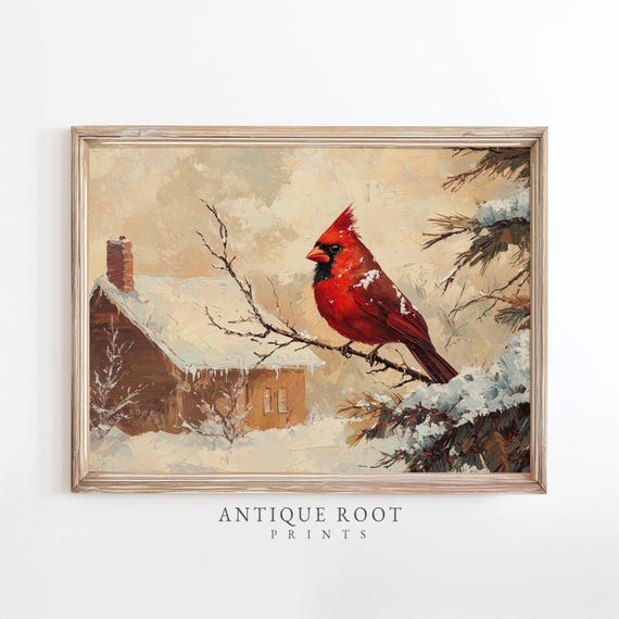 Winter Cardinal Art Festive Rustic Christmas Wall Decor Cozy Farmhouse Illustration Snowy Cottage Scene