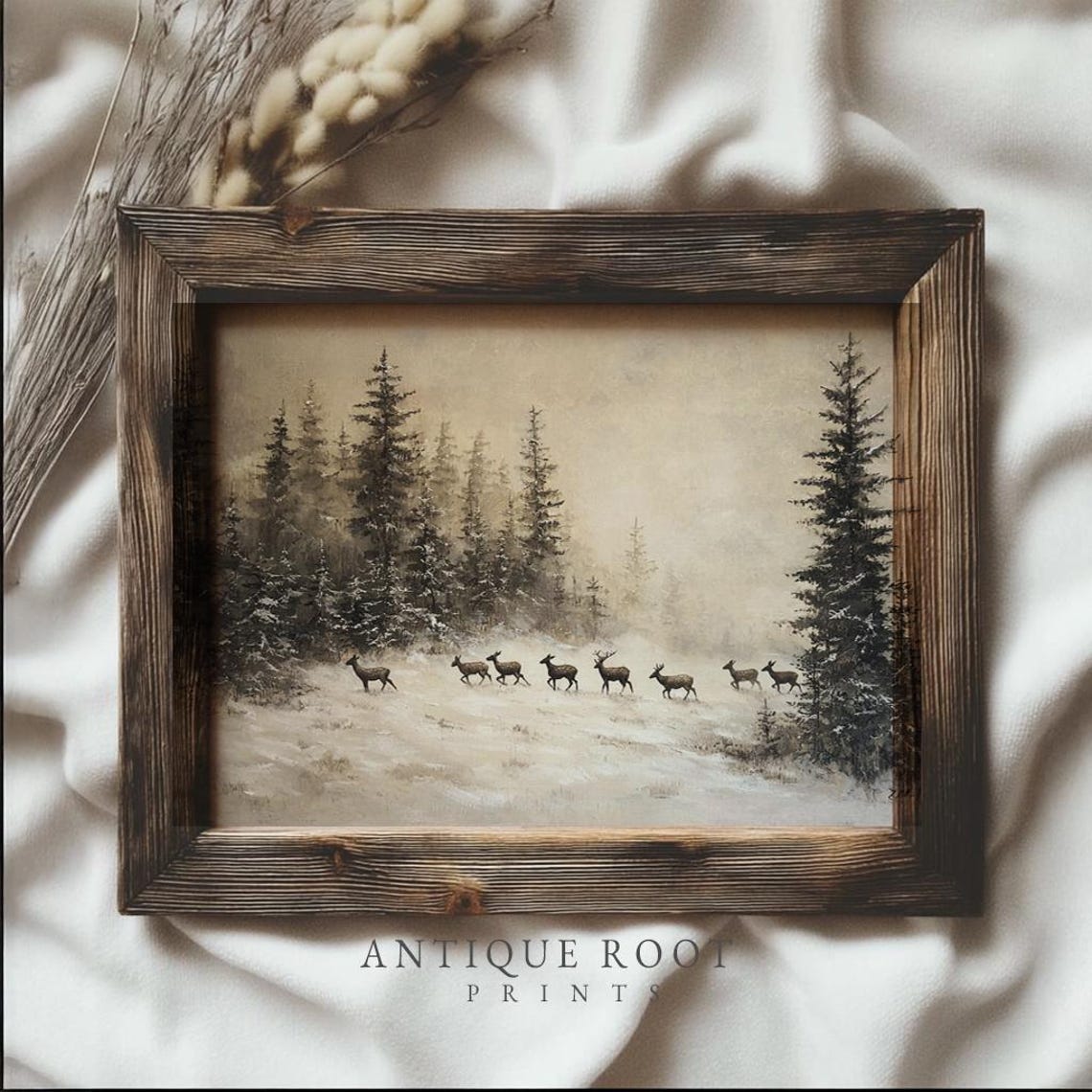 Winter Deer Herd Snowy Pine Forest Rustic Vintage Landscape Poster