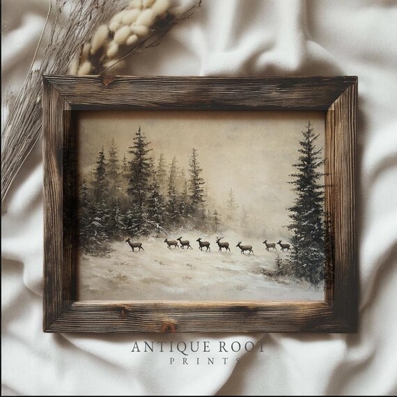 Winter Wall Art Deer Herd Scene Rustic Realistic Landscape Vintagestyle Snowy Decor Moody Atmosphere 169