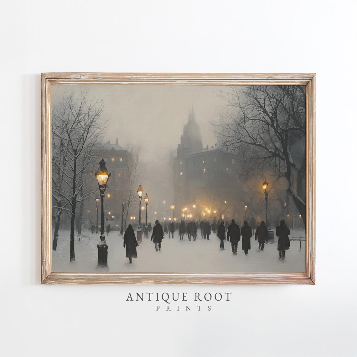 Snowy Night Street Cathedral Lamps Vintage Winter Painting Poster