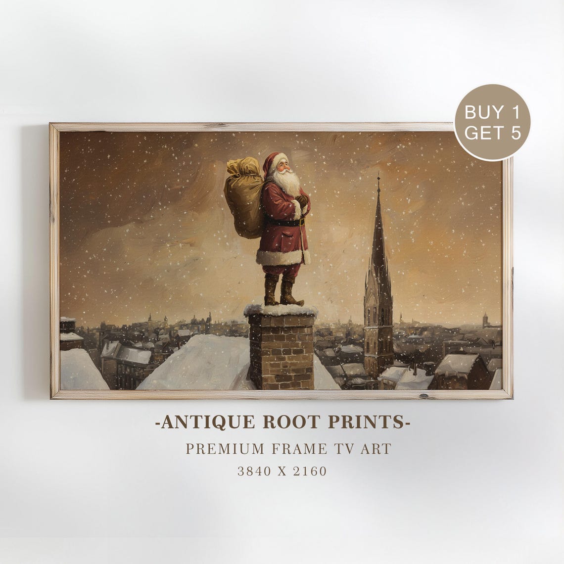 Vintage Santa Claus Rooftop Chimney Snowy Christmas Night Poster