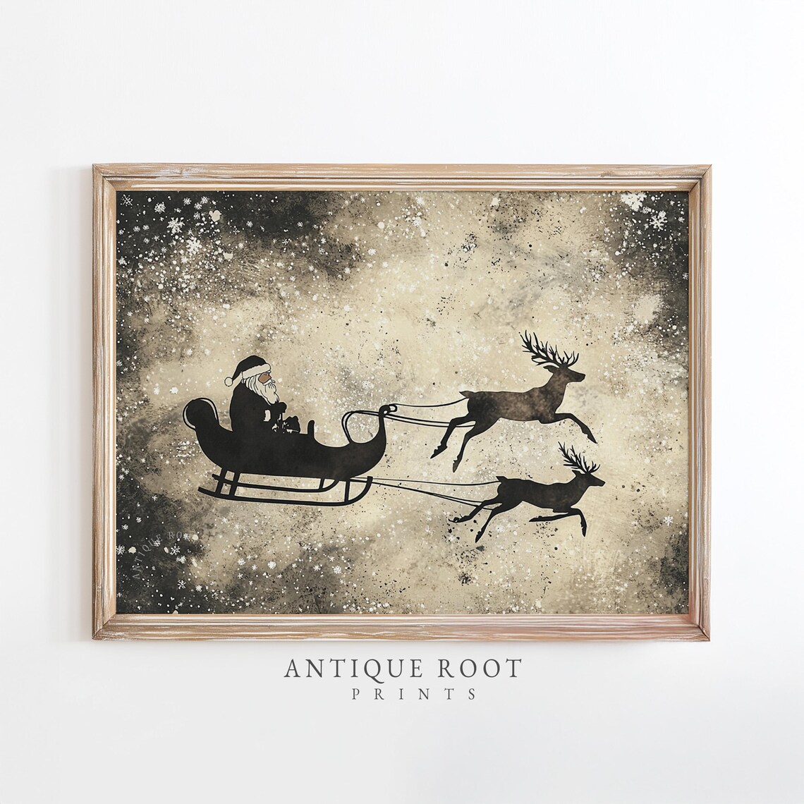 Santa Sleigh Reindeer Silhouette Vintage Black Christmas Sky Print