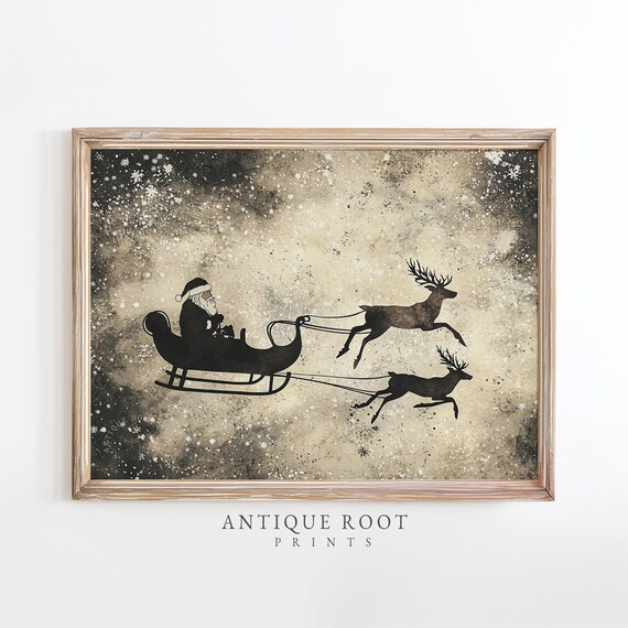 Christmas Santa Sleigh Silhouette Print Vintage Festive Sky Wall Art Rustic Moody Winter Room Decor Neutral Palette