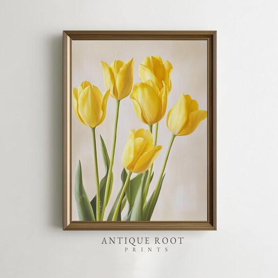 Spring Yellow Tulips Botanical Minimalist Floral Wall Art Vintage Modern Farmhouse Decor Neutral Print