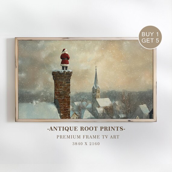 Santa Claus on Snowy Rooftop Chimney Vintage Winter Wonderland Art Poster