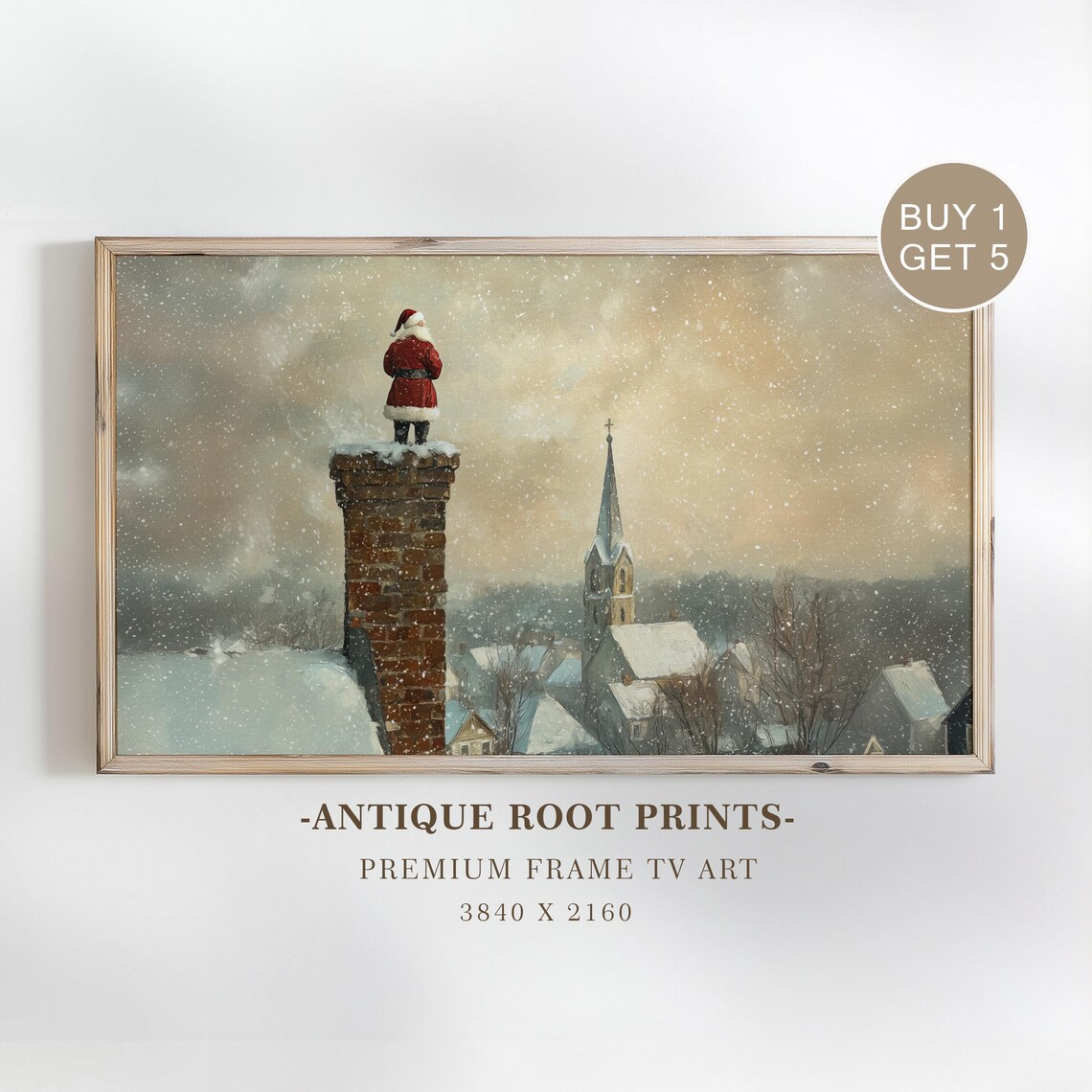 Santa Claus on Snowy Rooftop Chimney Vintage Winter Wonderland Art Poster
