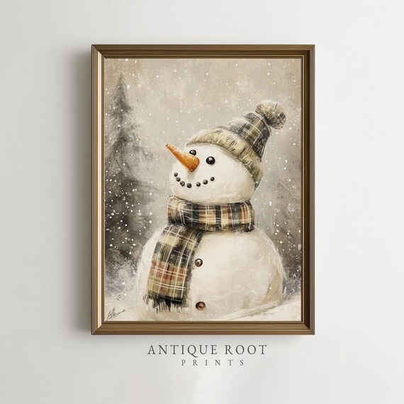 Snowman Plaid Scarf Winter Snowfall Cozy Vintage Painting Poster